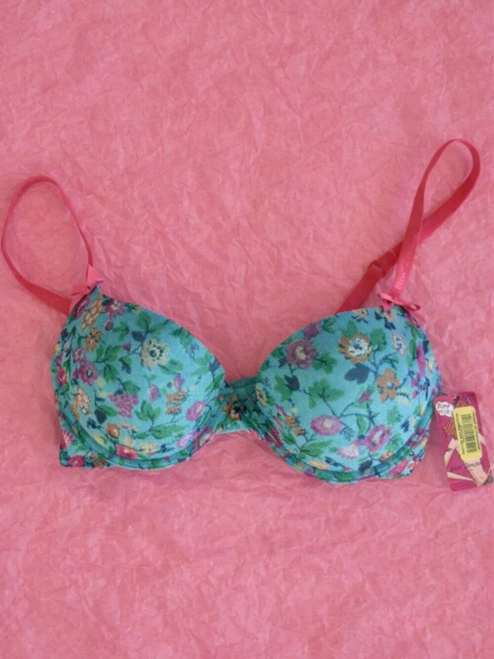 Betsey Johnson Bump M’Up Push-Up Bra, Teal, Floral Mesh Overlay, NWT, Size 34A